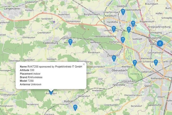 Map with position of the LoRaWAN rollout in the Fuerth district